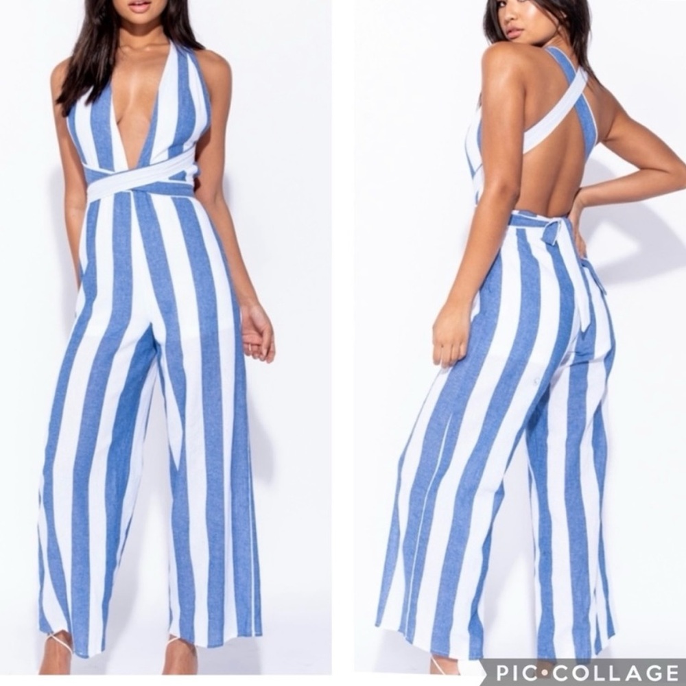 Blue and White Stripe Print Jumpsuit (Fits Like a Large but Labeled XL)